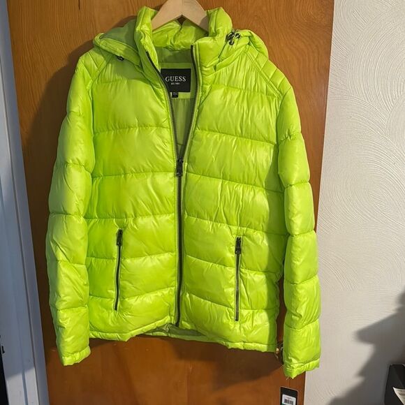 Guess Puffer Jacket Mens Large Zip Pockets Lime Green - Picture 1 of 4